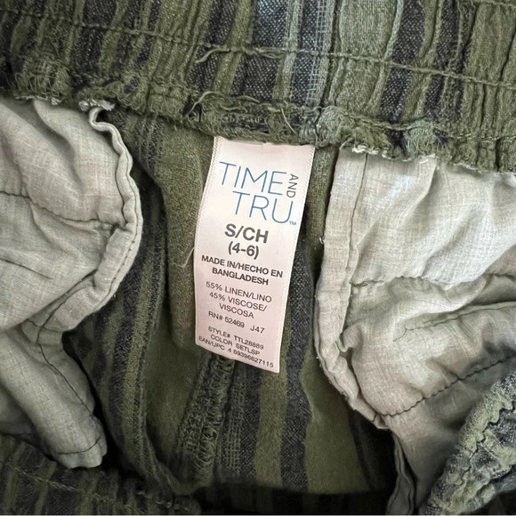 Time and Tru Dark Olive Green Striped Shorts Small Linen Blend Elastic Waist - Picture 6 of 6